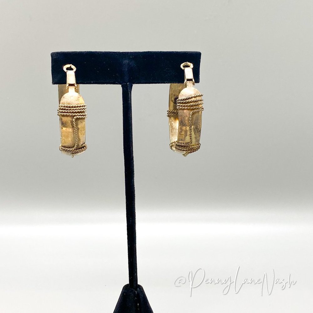 Vintage Wide Hoop with Rope Wrapped Gold Plated Earrings - Picture 5 of 6